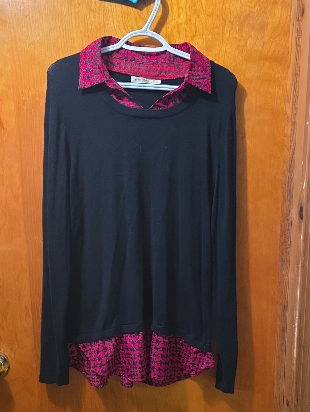 Faded Glory Black Long Sleeve Top with Pink Patterned Collar & Hem